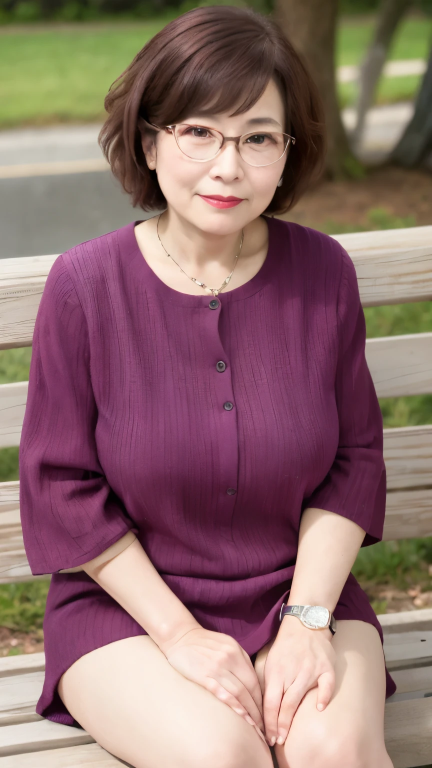 sitting on a park bench, Wrinkles around the eyes, Smiling with teeth showing, Plain short-sleeved clothing, senior citizen, Draw lips correctly, Red lipstick, No discomfort, 16K, Highest quality, Very detailed, Realistic, Very detailed肌, Japanese, alone, 60 years old, Large Breasts, , Glamour, sexy, , Staring straight ahead,