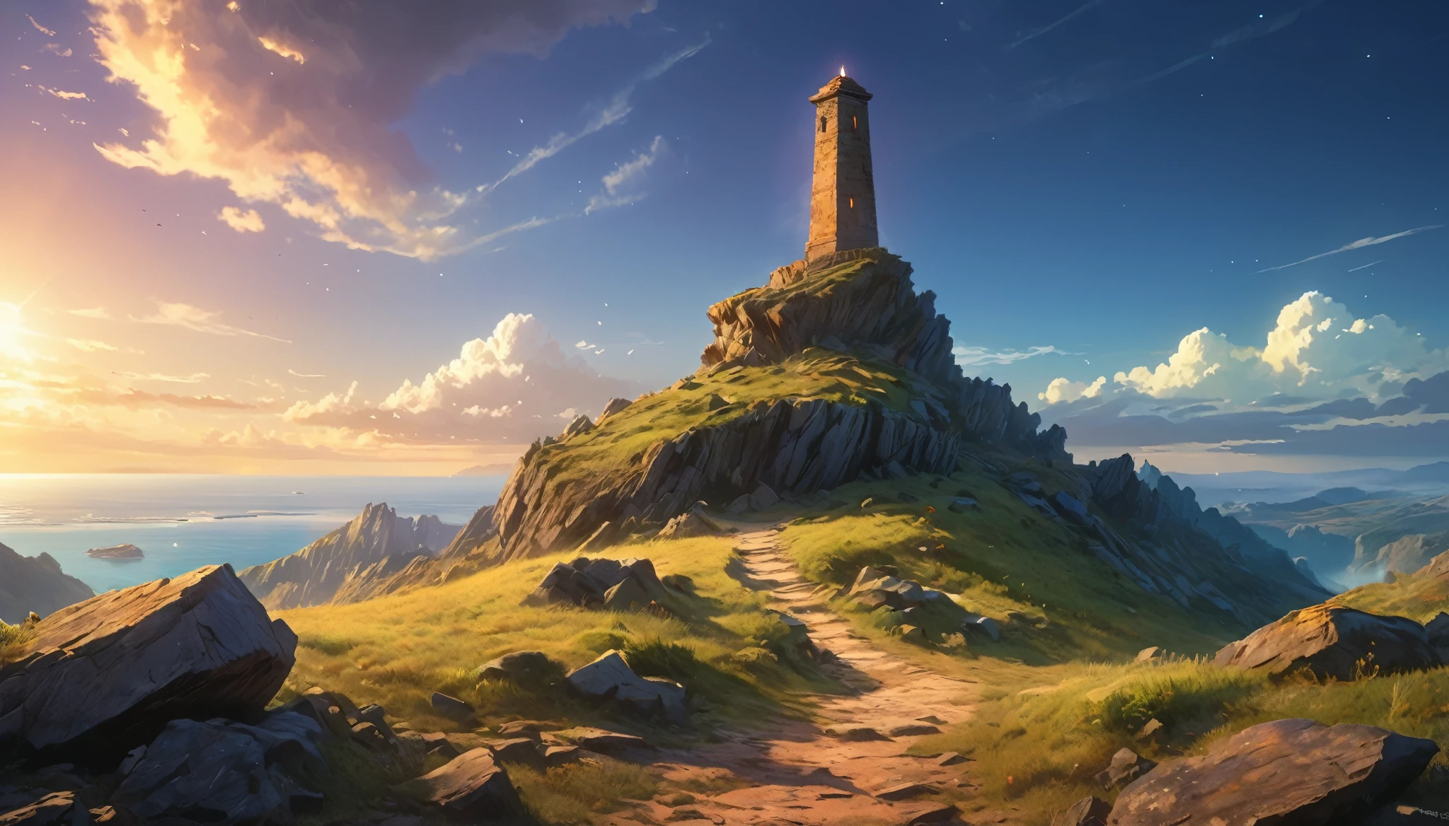 (anime, fantasy, stone beacon),(best quality, highres, HDR:1.2), vibrant colors, mysterious atmosphere, big stone beacon on the horizon, weathered, crumbling down, debris, general shot, ethereal light, fantastical landscapes