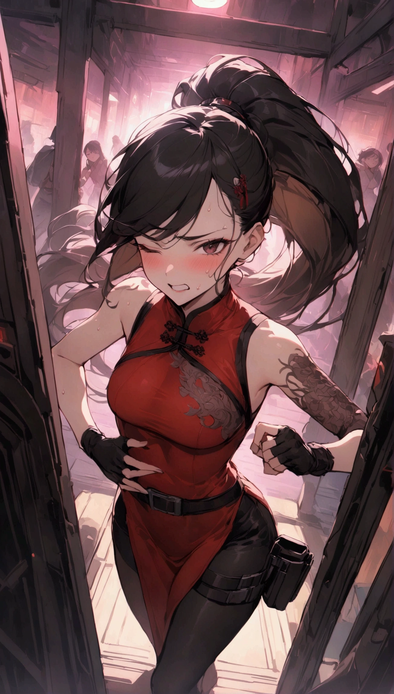 Dynamic composition,dutch angle,{{masterpiece}}, {{{Highest quality}}},{{Very detailed}},{{Fight}},{{fighting stance:1.6}},{{critical situation:1.6}},{{hold down one's stomach with one's hands:1.6}},1girl,30years old,{Mature Woman}},cyberpunk,{{RED　Chinese clothing:1.2}},Red　sleeveless Chinese dress,pelvic curtain,black stockings,belt,black fingerless gloves,Lace arm covers,holster,{{Grit your teeth:1.4}},one eye closed,　,{{v-shaped eyebrows}},Bad mood,blush,Sweat,raise one's eyebrows　,{{View your viewers}}、Very long long hair in a ponytail．abdominal pain ,{{pain}},Inside the dojo,indoor