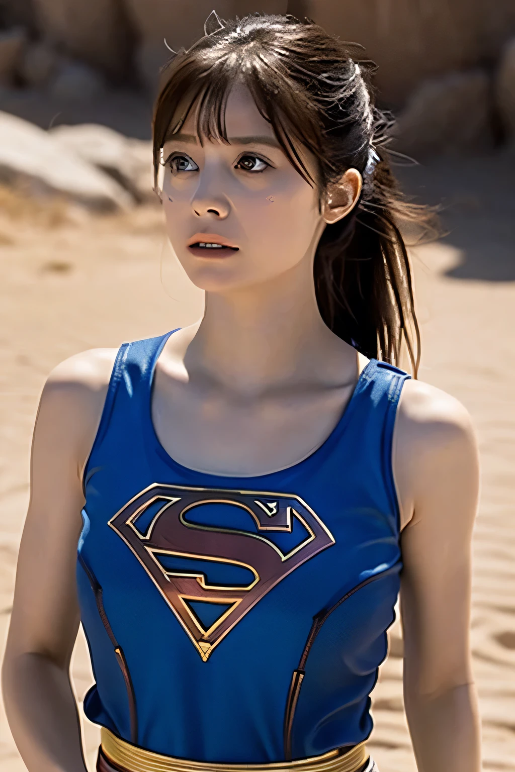 Supergirl, Beautiful Supergirl, 29 years old, Height : 152 CM, at desert, midday, supergirl tanktop costume, hair tied, hair bangs, Supergirl was sweating profusely, Supergirl had wet sweat on her chest, Supergirl had wet sweat on her head, Supergirl is shocked, Supergirl looks up, Supergirl looks scared, Supergirl screamed in pain, supergirl defeated, supergirl tanktop costume is torn, Supergirl fights against a giant, Supergirl is seriously injured, Supergirl cried, supergirl in peril