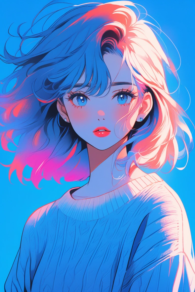 Illustrator, anime , Realistic ,sketch , One girl, ,lip, sweater,order, Blue gradient background, Neon Hair,textured crop, Canadian, (masterpiece,Highest quality),Background summer