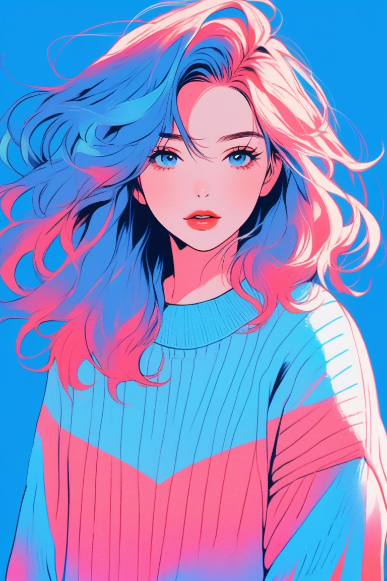 Illustrator, anime , Realistic ,sketch , One girl, ,lip, sweater,order, Blue gradient background, Neon Hair,textured crop, Canadian, (masterpiece,Highest quality),Background summer