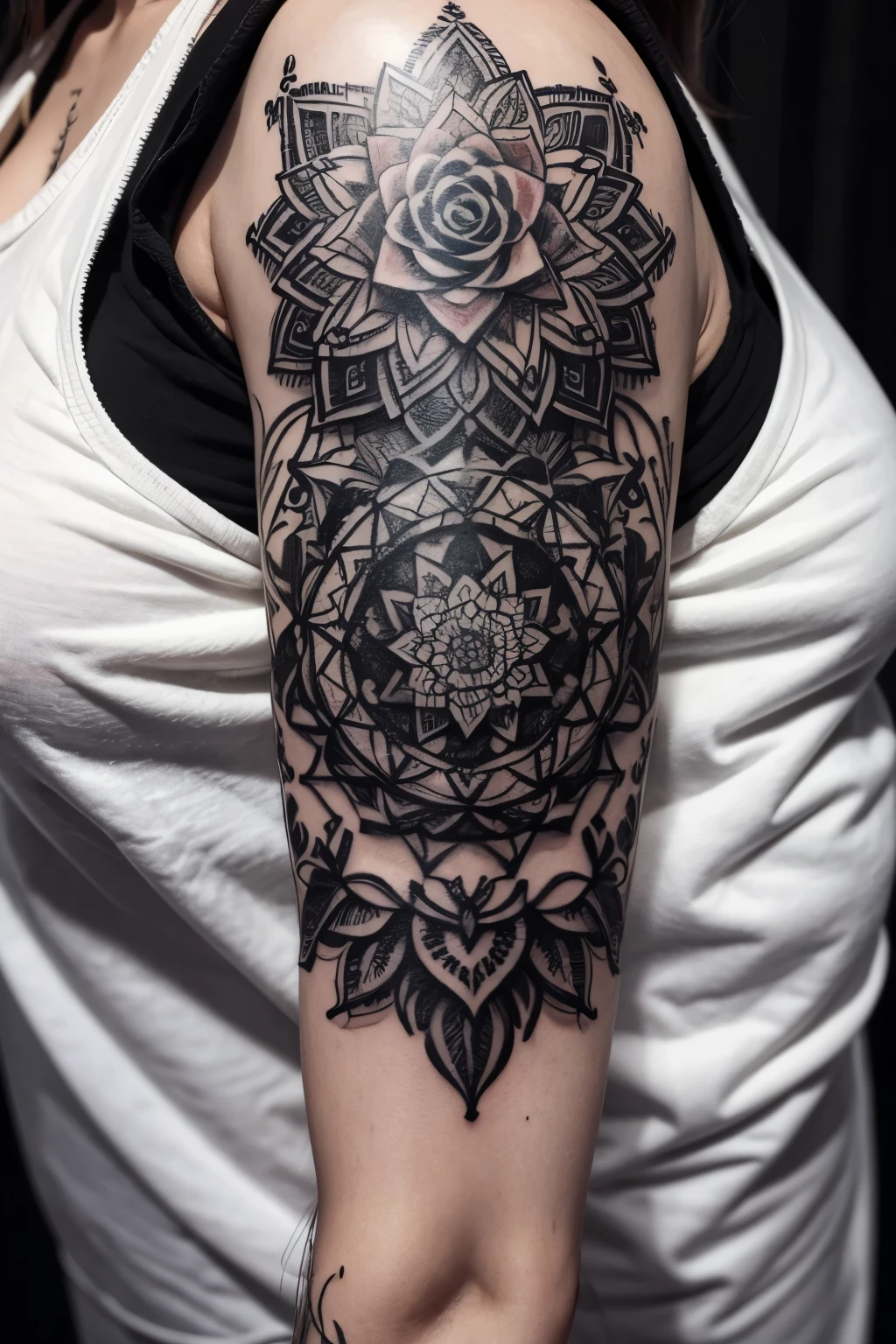 Sketch of full sleeve tattoo containing mandalas, rose, pehonias in black work style unified with vectors making it a single piece 