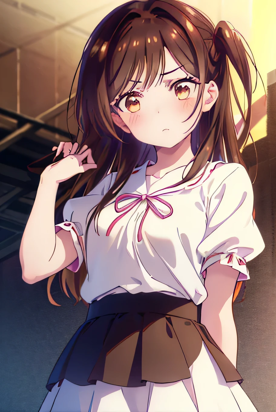 female, chizuru ichinose, long hair, bangs, brown hair, (brown eyes:1.5), one side up, mini skirt, shirt, short sleeves, puffy sleeves, puffy short sleeves, white skirt, pink shirt,(Highest quality, masterpiece, Ultra-high resolution), Angry face,blush,Hold your crotch with both hands,Stand with your feet together,Low angle shot
