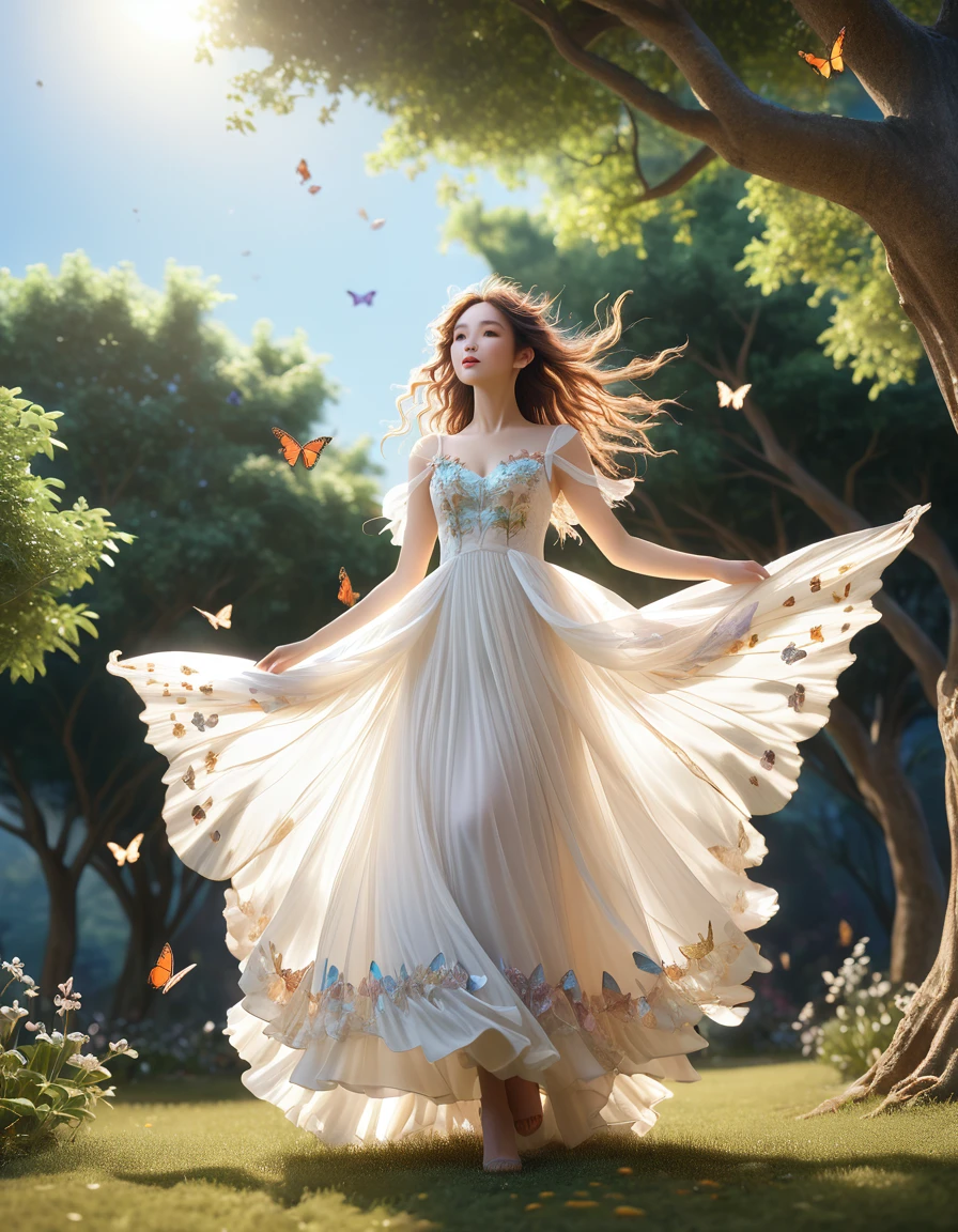 A fairy flying from a tall tree、Big butterfly wings:1.4、White sheer dress、Dress with hair fluttering in the wind、Low angle shot:1.7、Detailed ankles、(Highest quality、4K、8k、High resolution、masterpiece:1.2)、Super detailed、(Real、Photorealistic、Photorealistic:1.37)、Detailed fairy、detailed butterfly wings、Detailed sheer dress、Detailed flying poses、Detailed windblown hair、Detailed low angle perspective、Fantasy、magical realism、Ethereal、Shine、Warm lighting、Bright colors