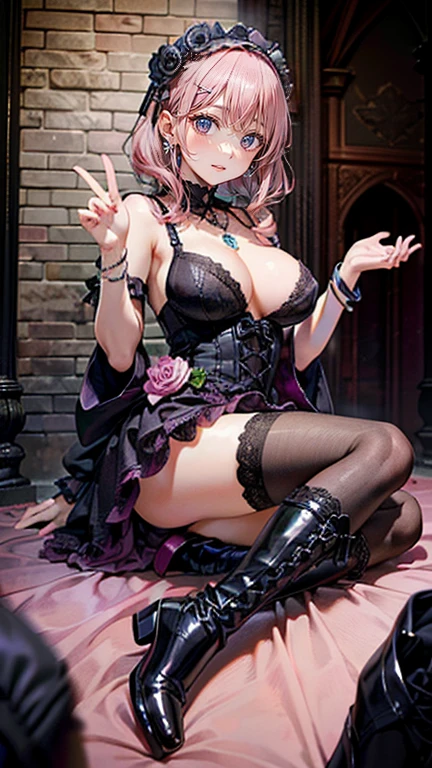 (Masterpiece, BestQuality:1.3), (ultra detailed:1.2), (hyperrealistic:1.3), (RAW photo:1.2), High detail RAW color photo, professional photograph, (Photorealistic:1.4), (realistic:1.4), (Pink Hair:1.5), professional lighting, perfect anatomy, (Big Breasts:1.2), (blush, detailed face), (cheerful Smile:1.5), Trending Hair&Trending Hairカラーをランダムに, earrings, necklace, bracelet, sexly, erotic sexly, Random sexy gravure poses, (Beautiful cosplayer wearing a purple and black Gothic ta dress、With a mysterious smile in an old church、Holding a black rose。Lace headdress on head、On his feet he wears black boots。: 1.3)