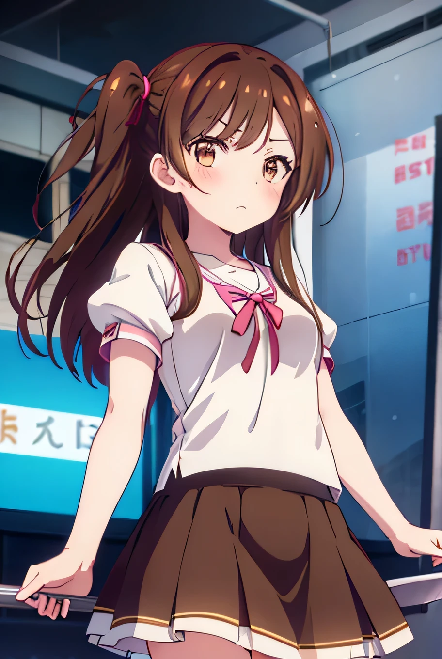 female, chizuru ichinose, long hair, bangs, brown hair, (brown eyes:1.5), one side up, mini skirt, shirt, short sleeves, puffy sleeves, puffy short sleeves, white skirt, pink shirt,(Highest quality, masterpiece, Ultra-high resolution), Angry face,blush,Hold your crotch with both hands,Stand with your feet together,Low angle shot