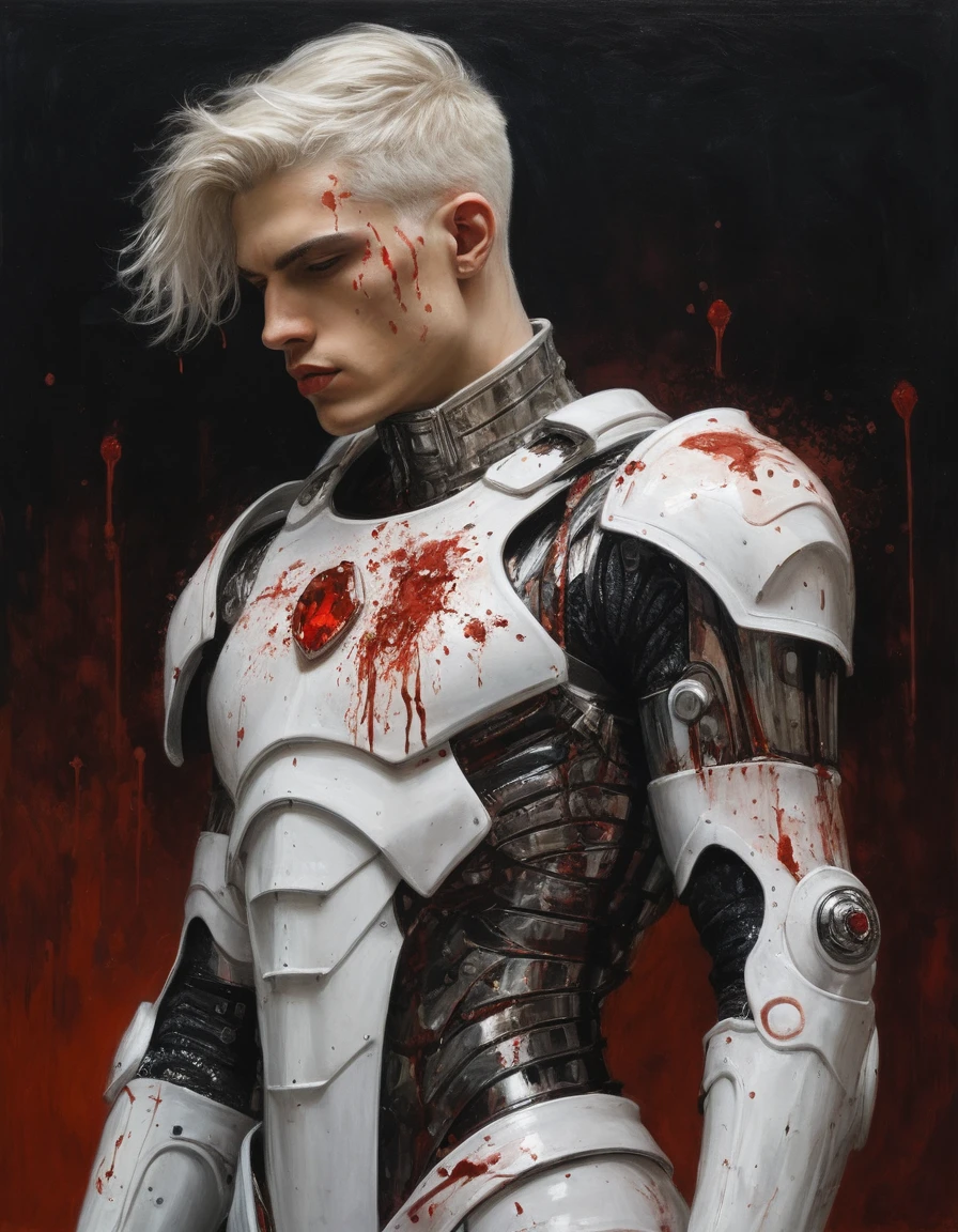 {{Masterpiece, best quality, oil painting, by Gustav Klimt, by Franz von Stuck, by J. C. Leyendecker}}, ((((((the profile full body portrait of a 20 year old male cyborg, manly, sexy, tall, muscular, he has blood covered silver hair, splattered in blood scarred face, sullen, arrogant, haughty, majestic, furious)))))), (((((He is splattered in blood, wearing a blood covered white cyborg plate armor, with a red diamond shape on his chest))))). (((burning background))).