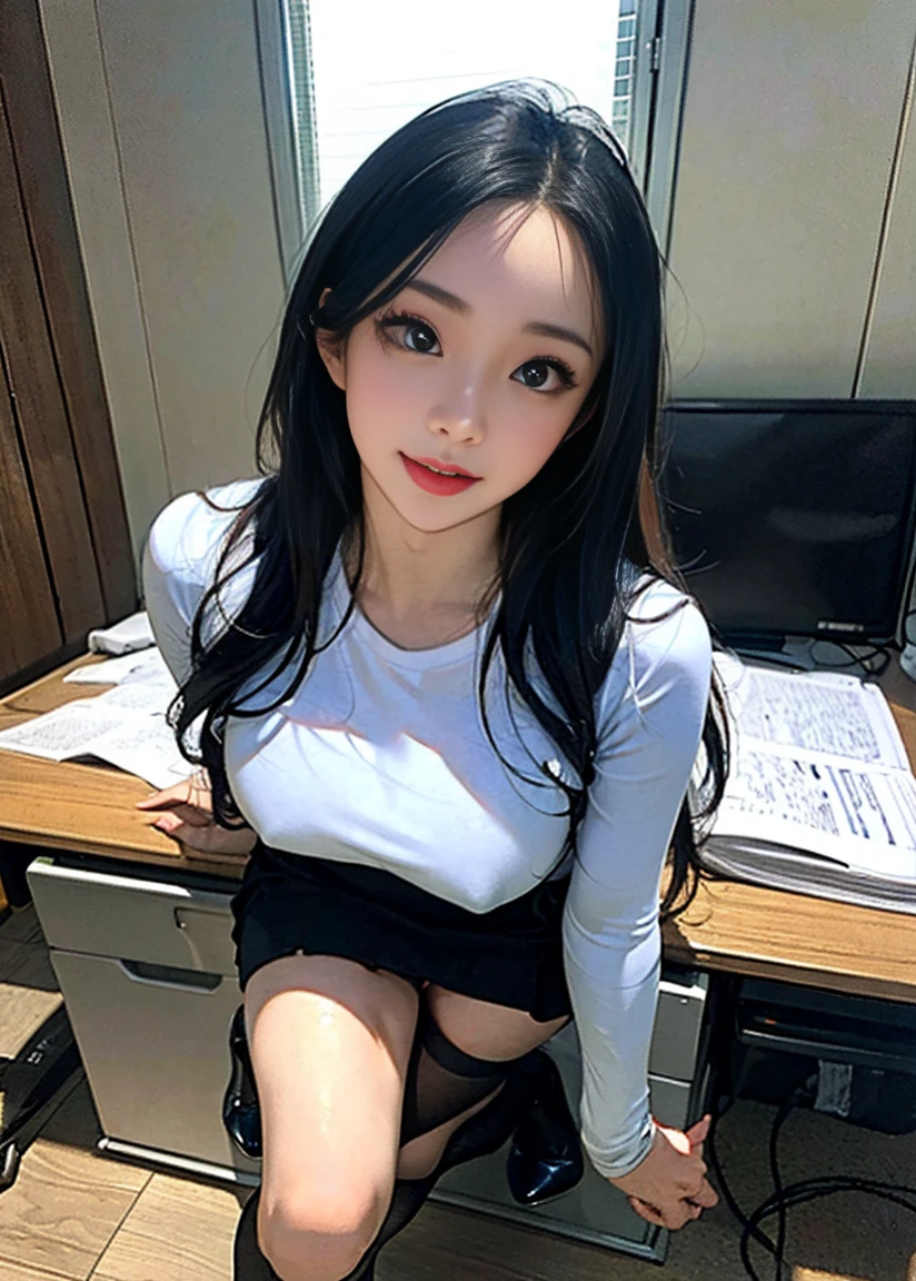 (masterpiece,best quality:1.4),(8k,raw photo,photo realistic:1.2),shiny skin,detailed skin,detailed face,detailed eyes,1girl,Japanese idol,beautiful face,A woman in her fifties wearing high heels and tight stockings stands in front of a birdcage, Bend your body, Tight clothing, somewhat I had already finished, sitting on the desk, on the desk, Knee socks and skirt, At work, standing on the desk, On my knees, (software) Safe at Work, Very perfect position, Beautiful angle, I had already finished, Long legs