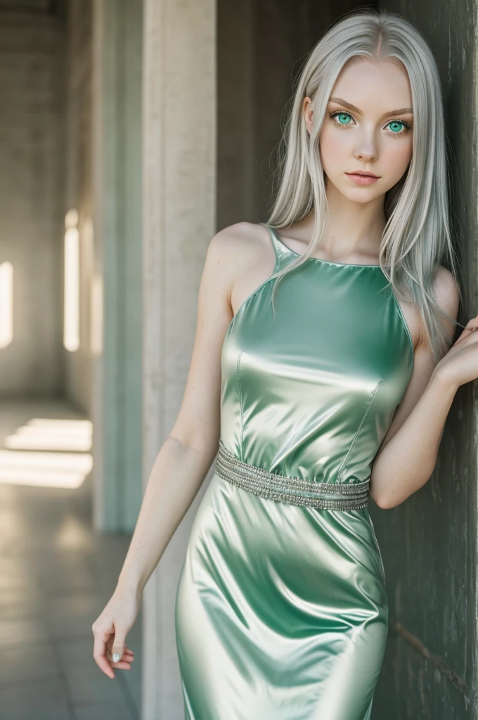  A girl,with big green eyes and porcelain skin so light it was almost translucent,silver hair and a green 1500 dress