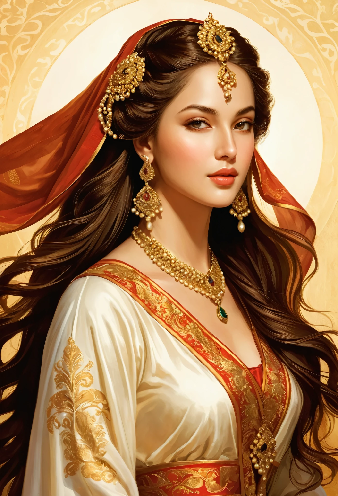 An illustration of a woman who is considered to be the 'first beauty of the world'. She is of unknown descent, making her universally beautiful. Her allure is timeless, with fine details that include lovingly drawn features, long, flowing hair, and a graceful demeanor. Her attire is suggestive of ancient clothings, becoming a symbol of the world's first beauty.