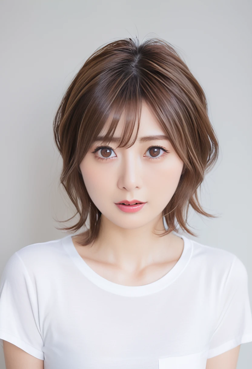 Beautiful Japanese Women、28 years old、Plain white T-shirt、Light Brown Hair、Fuji frame、Drooping eyes、Brown eyes、（Surprised face：1.4）、Depth of written boundary、First Person View、 Perfect Makeup、Lip gloss、Short Hair、Combing her hair back、