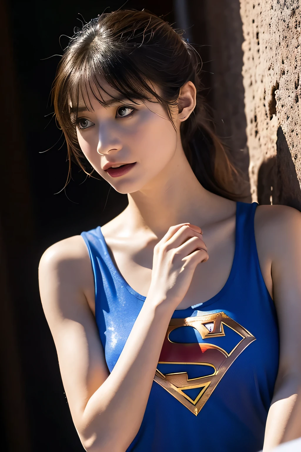 Supergirl, Beautiful Supergirl, 29 years old, Height : 152 CM, at desert, midday, supergirl tanktop costume, hair tied, hair bangs, Supergirl was sweating profusely, Supergirl had wet sweat on her chest, Supergirl had wet sweat on her head, Supergirl is shocked, Supergirl looks up, Supergirl looks scared, Supergirl screamed in pain, supergirl defeated, supergirl tanktop costume is torn, Supergirl fights against a giant, Supergirl is seriously injured, Supergirl cried, supergirl in peril