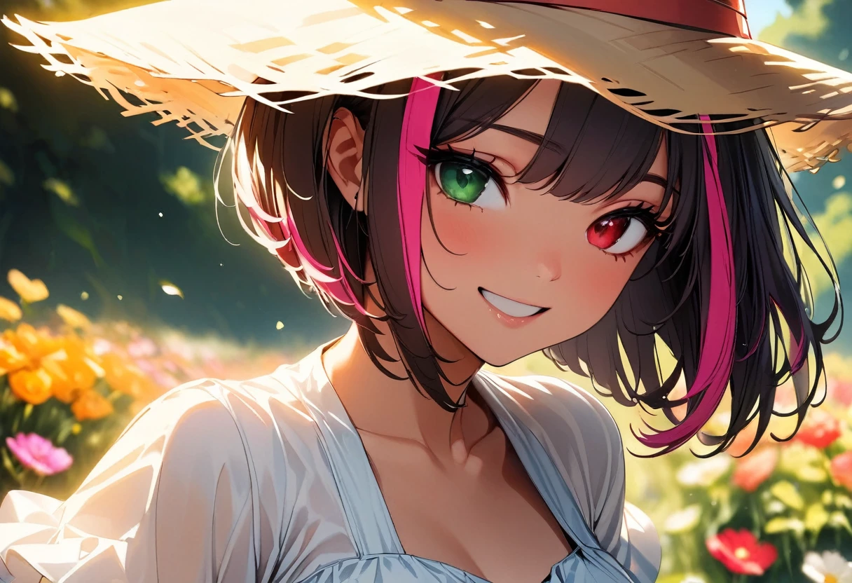 (highest quality:1.2, Very detailed, up to date, Vibrant, Ultra-high resolution, High Contrast, masterpiece:1.2, highest quality, Best aesthetics), Portraiture、girl、solo, (25-years-old:1), slim, heterrochromia, green eye, red eye, (summer dress:1), straw hat, (dancing:1), Bright colors、Beautiful fine details、Beautiful lip detail、extra short hair, ((bob cut:1.5))、pink and purple, ((streaked hair:1.9)), (highlights hair: 1.6), (medium breast:0.7), (tan skin:0.5), (happy:1.5), flower field、colorful flowers, great outdoors、Landscape of the flower garden, (cowboy shot:1.2),