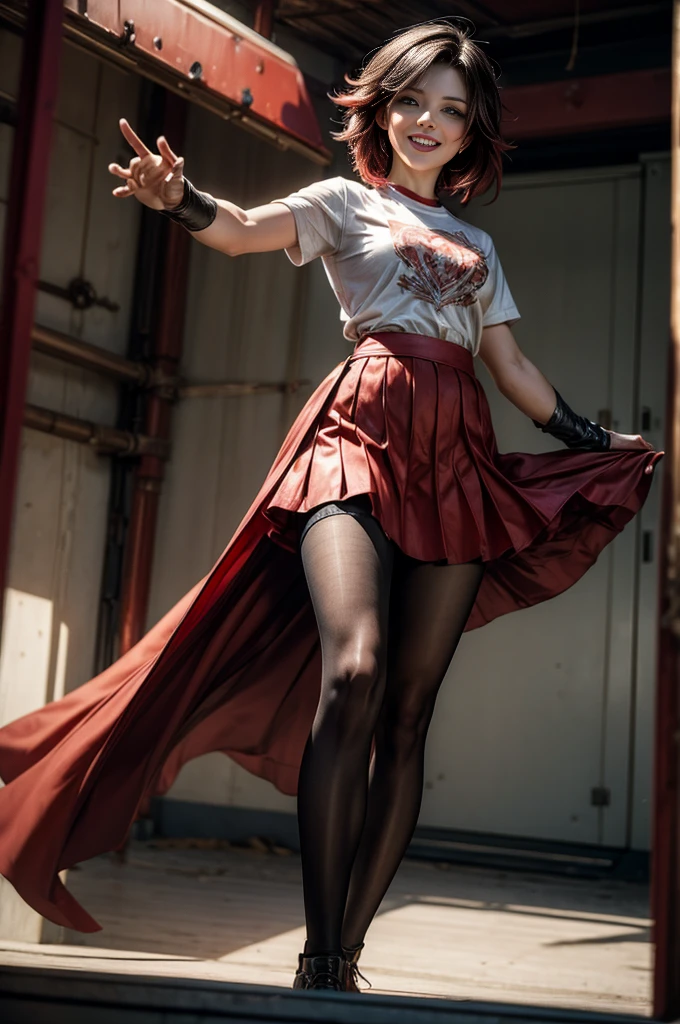 (masterpiece, best quality:1.2), cowboy shot, solo, dynamic pose, 1girl, ruby rose, looking at viewer,  t-shirt, red skirt, pantyhose, in futuristic house,  grin