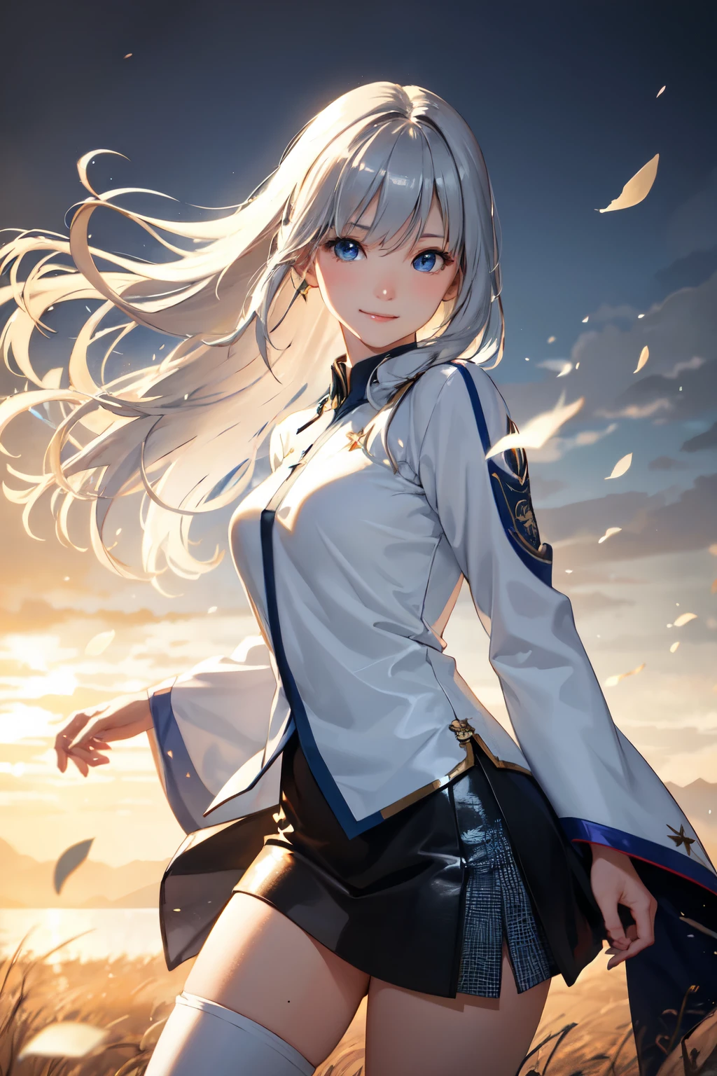 Highest quality, Face Focus, Soft Light, Ultra-high resolution, (Realistic:1.4), RAW Photos, 1 Japanese girl, alone, cute, (Smile full of energy:0.5), (Blue eyes, Light in your eyes), Beautiful face in every detail,(High resolution detail of human skin texture), (Silver long hair),,Wizard（Short skirt）Star-studded clothing, short boots、Hair blowing in the wind、She turns around and stands, smiling at me.、From the knee up

