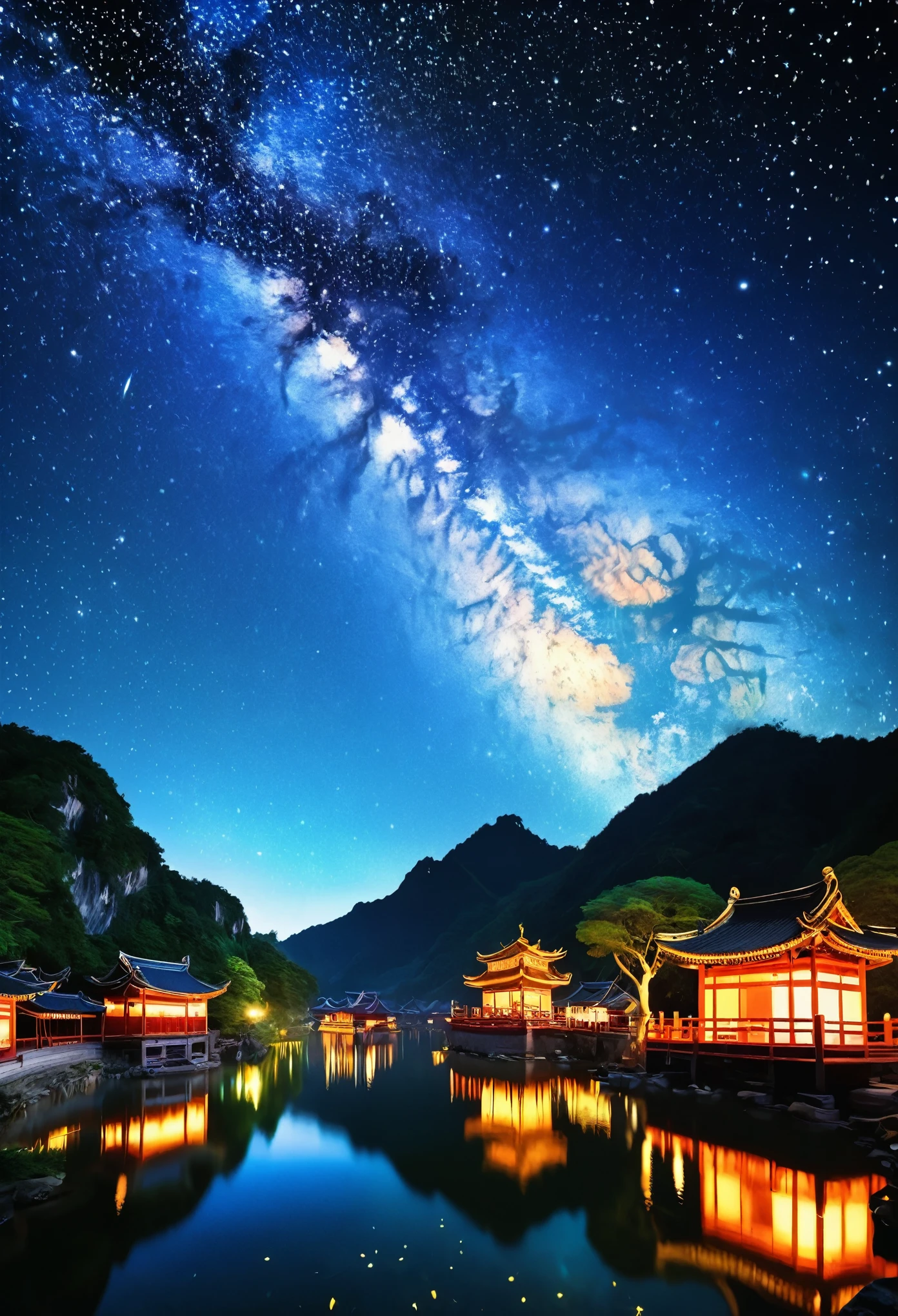 A beautiful celestial scene capturing the essence of the Tanabata festival, popularly known as the Qixi Festival in China. Portray a milky way filled with glittering stars cutting across the dark blue night sky. Below the celestial expanse is a tranquil, old-fashioned Asian village on the cusp of dusk. Show two stars, one at each end of the Milky Way, shining brighter than the rest symbolising the star-crossed lovers, the cowherd and the weaver girl.