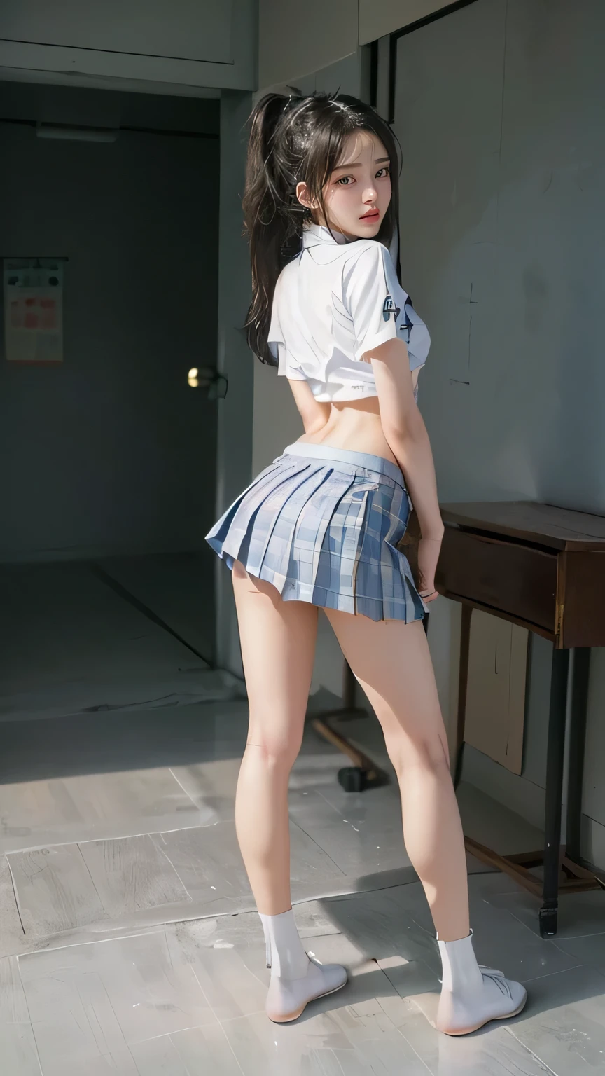 ((masterpiece)),(((最high quality))),(((((Full body shot of a girl taken from the floor:1.7))))),((Photograph the whole body from knee height:1.6)),((((((Stand up straight with your legs together:1.9)))))),((Thin thighs)),((Long legs)),(((Girl standing in a school classroom:1.7))),(((Micro Mini Skirt Uniform:1.6))),((expensive:1.8)),((Japan in summer uniform:1.8)),((Wearing a red tie:1.5)),Wearing a short-sleeved white shirt,Her erect nipples are clearly visible under her clothes..,(Blue checked micro mini skirt:1.2),(************:1.3),bangs,A small smile,((cute girl)),Slender girl,Black Loafers,((short white socks up to the ankles,,)),cute,The thigh area below the groin is slim and firm,cute,Black hair ponytail,Thin legs,Slim Model body type,Very small waist,Small hips,Long thighs,Thin thighs,Thin hands,Long hands,((((Photograph the whole body from below:1.5)))),(((((k-popのIVEのWONYOUNGにそっくりの***:1.9))))),((Keep your whole body facing straight ahead:1.8)),((Expensive:1.4)),(Stand with your legs straight and without bending your knees:1.7),((Stand up straight:1.7)),((turn your hips forward:1.7)),The ankles are super thin,beauty,Fine skin,Firm Skin,Realistically reproduced skin detail of thin legs,Very detailed, Attention to detail,high quality,Awards,High resolution,(Anatomically correct:1.3),(8k,RAW Photos,最high quality,masterpiece:1.5),(((***をPhotograph the whole body from below:1.5))),Height 173cm,((Stand up straight with your feet together:1.7)),((Stand up straight with your feet together:1.7)),(((Keep your back straight:1.8))),((look forward to:1.2)),8 head beauty,Model body type,((Inseam is half the height:1.3)),(Thin thighs),((k-popのIVEのWONYOUNGにそっくりの***:1.5)),RAW Photos,Firm Skin,Fine skin,Well-toned muscular legs,Attention to detail,vivid,Skin Texture,Genuine skin feel,Perfect composition,beautiful,Very detailed,High chroma,Genuine,eyeliner,eye shadow,Expensive nose,Small nostrils,Small Mouth,Seductive lips