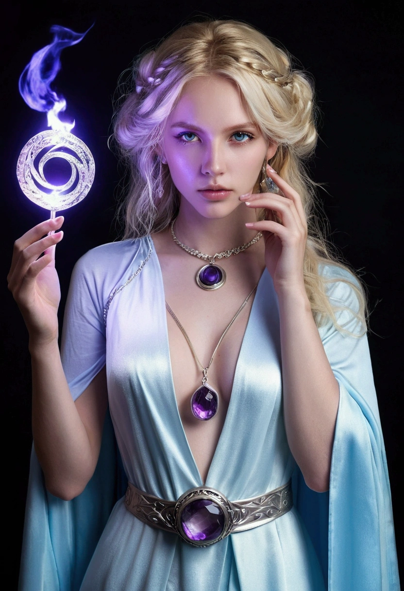 pretty girl Magical Taoist magic circle sexy blonde Sparkling eyes Lightning Staff Jewelry box Amethyst Pendant A pale blue pillar of flame swirls..Pale-white glowing flame Crystal Costume