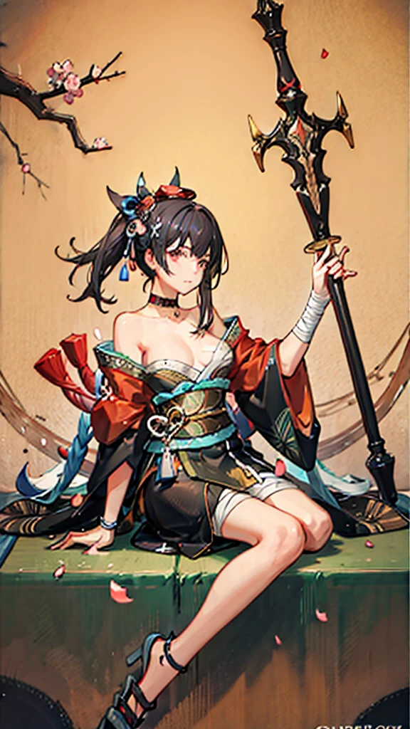 (((((roll up bandage sideways on a chest tightly to cover the chest without gaps))))), (((bandage samweways))), the bantage is no chest shape, flat chest, ((Japanese Gangster BOSS)), adult woman with the dignified presence, Killing Qi, wear nothing around shoulder, wear nothing around neck, wear the kimono, wear it below the waist, (I wind it up to control it, and to attach it), ((kimono come off)) ,wear the kimono multiple times, Bare shoulders and the clavicle, black and gold kimono, put on over jacket of kimono, (holding a japanese sword which shine in purple, The handole of the sword is black, and the blade is gray, long sword), eye fire, low angle, whole body, bandage is seen, anime character, Glaring, off sholder, nappropriate smile, Excellent, black blue hair, can see both shoulder, ((long kimono hem)), small face, ((some cherry blossam big tattoo on the arm)),((Sit with your legs folded)), ((background Japanese gate with circlr mark)),muscular,drink sake,fullmoon in the sky, The kimono is spreading,(((ultra-detailed))),super beautiful