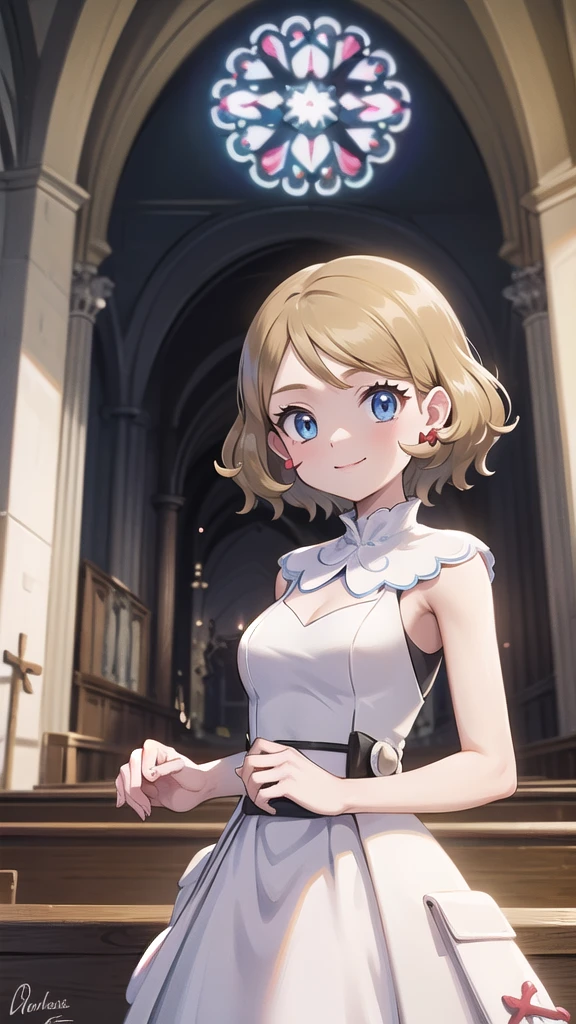Masterpiece, perfect lighting, (beautiful, Best quality: 1.3), Perfect eyes, perfect anatomy, absurd, 8k, ccserena, solo, short hair, smile, in loved, earrings, eyelashes, blue eyes, wedding dress, in the church
