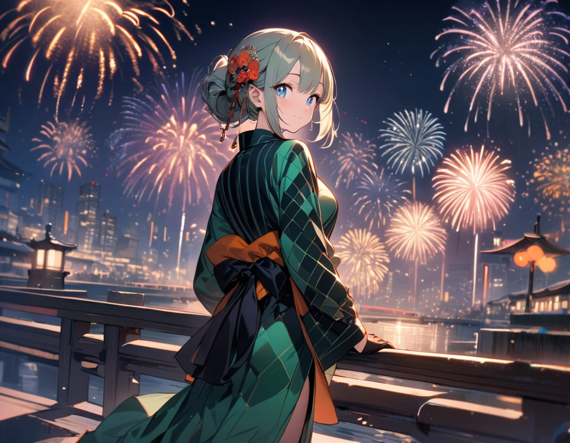 1 girl,amazing quality, aesthetic,ultra-detailed face,detailed eyes,lash extension,blue eyes,(sparkling eyes),checkered pattern green yukata decorated with race,(long sleeve, long hem),black race gloves,smile,half updo,Goldfish shaped kanzashi hairpin,cowboy shot,Looking back at the viewer,night, (fireworks:1.4) in the sky,very wide shot, masterpiece, top quality, highly detailed illustration, incredibly delicate and beautiful