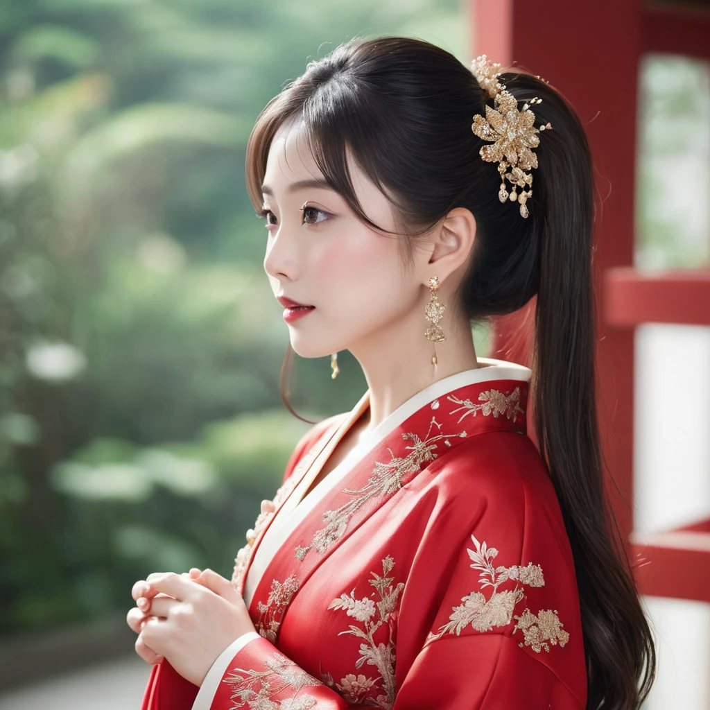((Highest quality)), ((masterpiece)), (detailed), (Perfect Face)、The woman is the beautiful Japanese woman, Satomi Ishihara, with large breasts and excellent proportions. She has her medium-long hair tied up and is wearing a gorgeous and glittering red wedding Hanfu with gold embroidery and trimmings. She is lavishly dressed and accessorized with luxurious accessories and an engagement ring.、A woman is embracing and kissing a handsome and dignified middle-aged Chinese man on a luxurious bed in a luxurious Chinese bedroom, making a deep and loving couple.、A woman is having her breasts fondled and caressed by a man