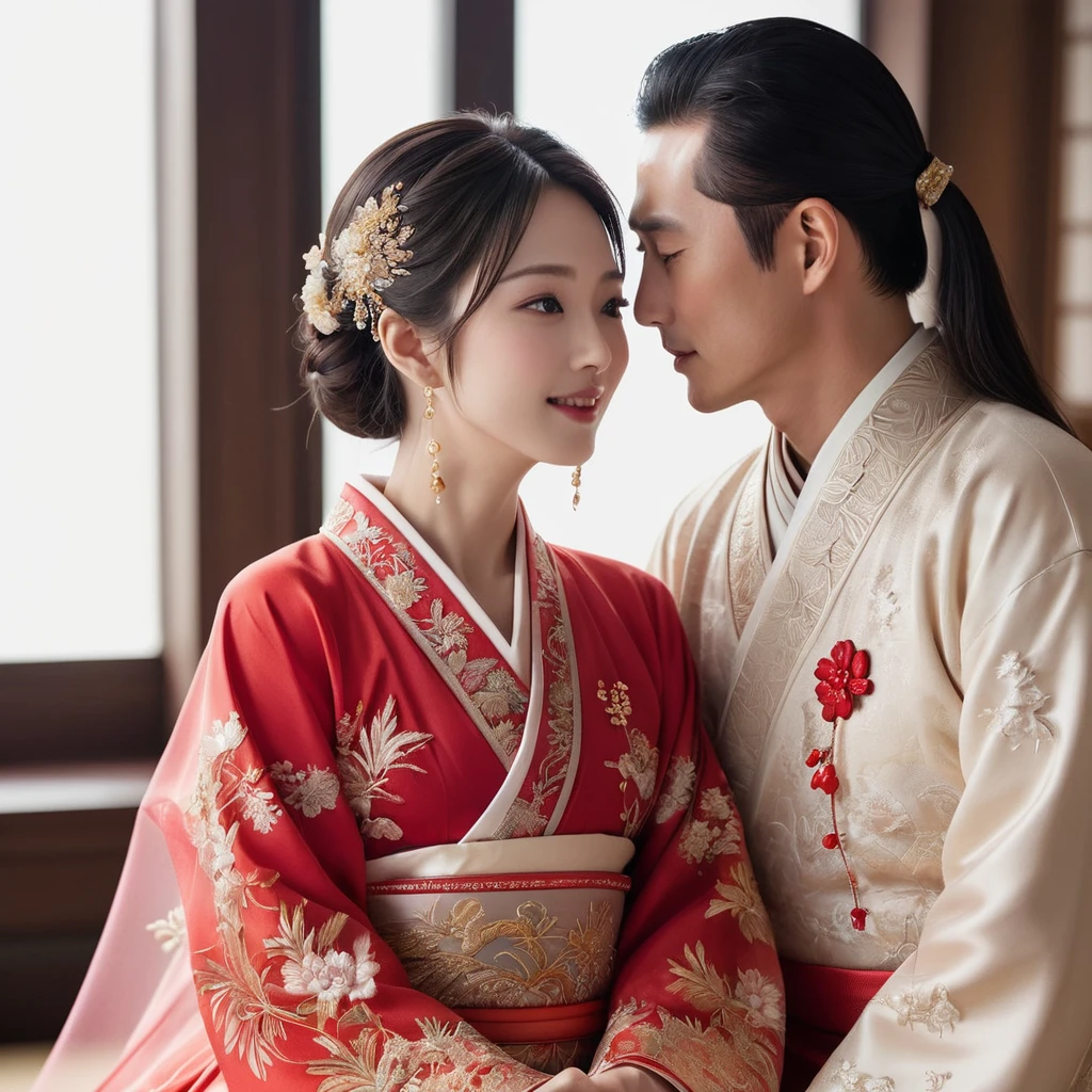 ((Highest quality)), ((masterpiece)), (detailed), (Perfect Face)、The woman is the beautiful Japanese woman, Satomi Ishihara, with large breasts and excellent proportions. She has her medium-long hair tied up and is wearing a gorgeous and glittering red wedding Hanfu with gold embroidery and trimmings. She is lavishly dressed and accessorized with luxurious accessories and an engagement ring.、A woman and a handsome and dignified middle-aged Chinese man are in a luxurious wedding hall in China, embracing each other, kissing each other in a vow, making love, and holding a wedding ceremony to pledge their love to each other.