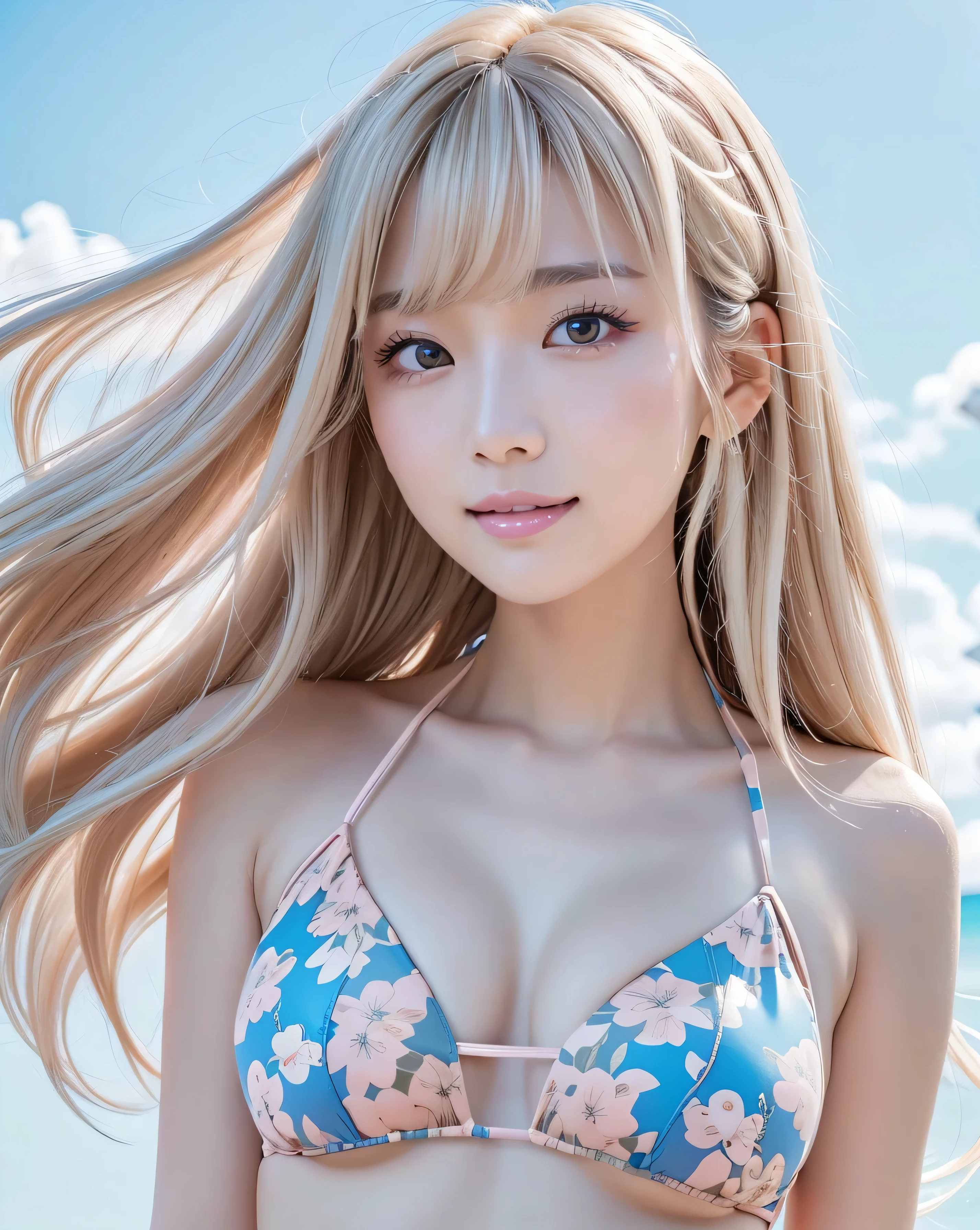 (Highest quality, 32K, High resolution, Masterpiece:1.5, ), marimo_jet, god々A photograph with brilliant dazzling and healing power., Evoking a sense of calm and elusive beauty, Expressing emotions, Have a rich imagination, Beautiful Japanese Girls, An exceptionally beautiful face, Small Face Beauty, Perfect Human Anatomy, Magical big eyes, Motherhood and generosity, Deep Love, fleeting smile, ((Shiny ash beige hair:1.3)), Beautiful long hair swaying in the wind, Asymmetrical bangs, Hair between the eyes, Transparent, soft white skin, Sharp eyebrows, Thin lashes, Natural Makeup, Cheek highlighter, Pale pink detailed lips, ((Pastel pink floral bikini:1.4)), ((Blue sky background:1.3)), Professional photographer, Professional Lighting, Professional models, God's Secret