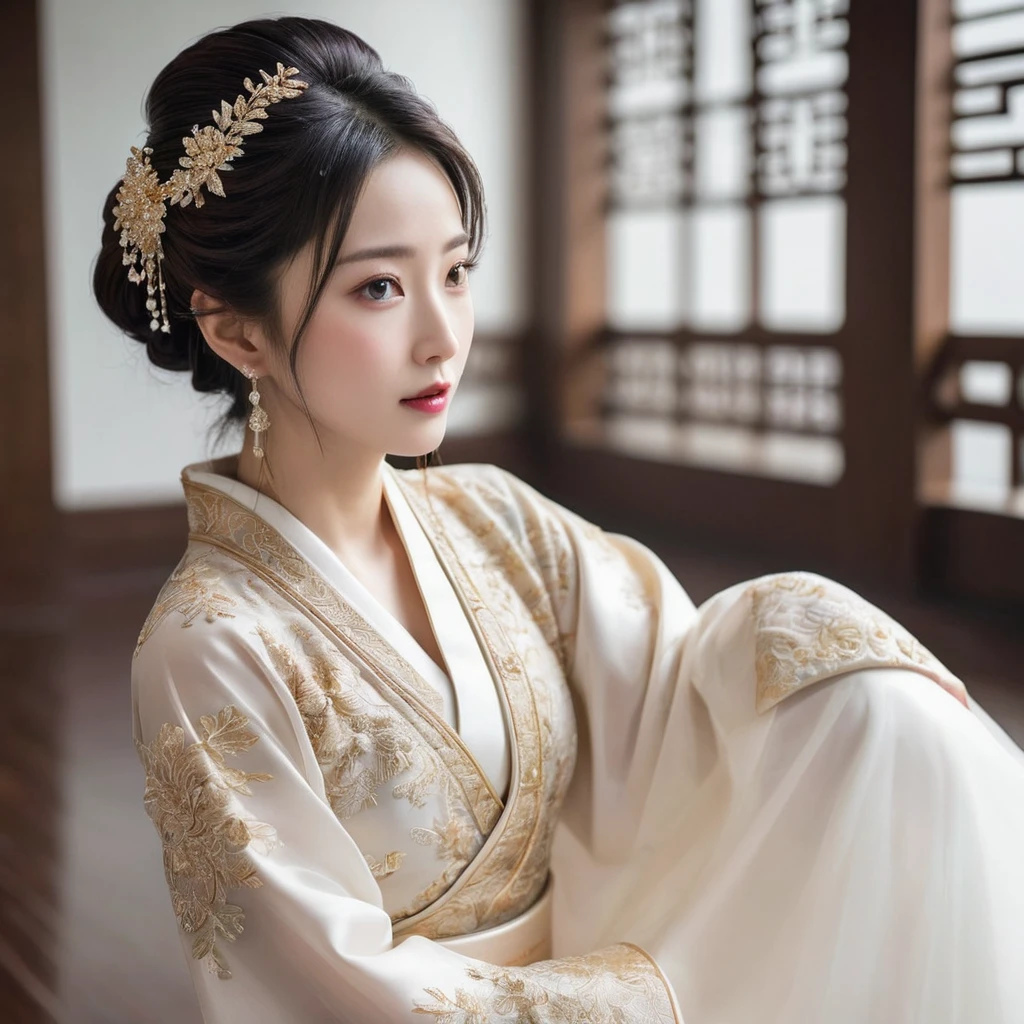 ((Highest quality)), ((masterpiece)), (detailed), (Perfect Face)、The woman is the beautiful Japanese woman, Satomi Ishihara, with large breasts and outstanding proportions. She has her medium-long hair tied up and is wearing a gorgeous, glittering wedding Hanfu with gold embroidery and trim. She is lavishly dressed and accessorized with luxurious accessories and an engagement ring.、A woman and a handsome and dignified middle-aged Chinese man are in a luxurious wedding hall in China, embracing each other, kissing each other in a vow, making love, and holding a wedding ceremony to pledge their love to each other.