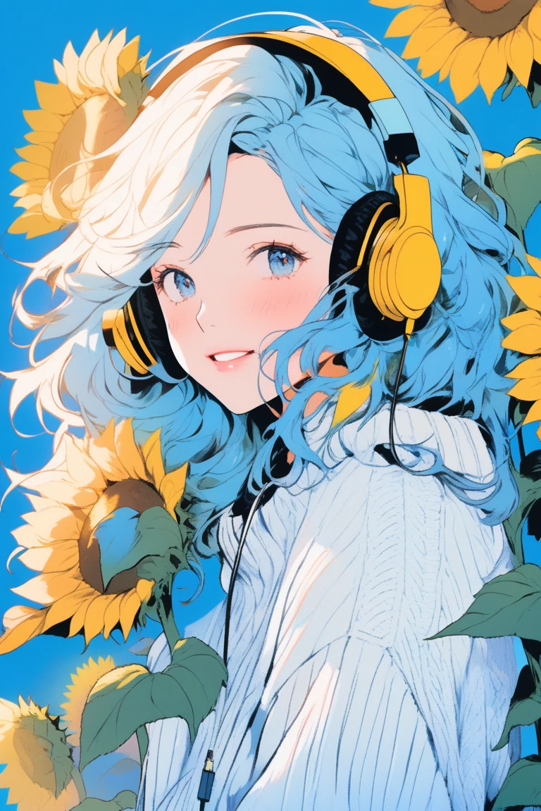 Illustrator, anime , Realistic ,sketch , One girl, ,lip, sweater,order, Blue gradient background, Neon Hair,textured crop, Canadian, (masterpiece,Highest quality),Sunflower background、Wearing headphones and listening to music