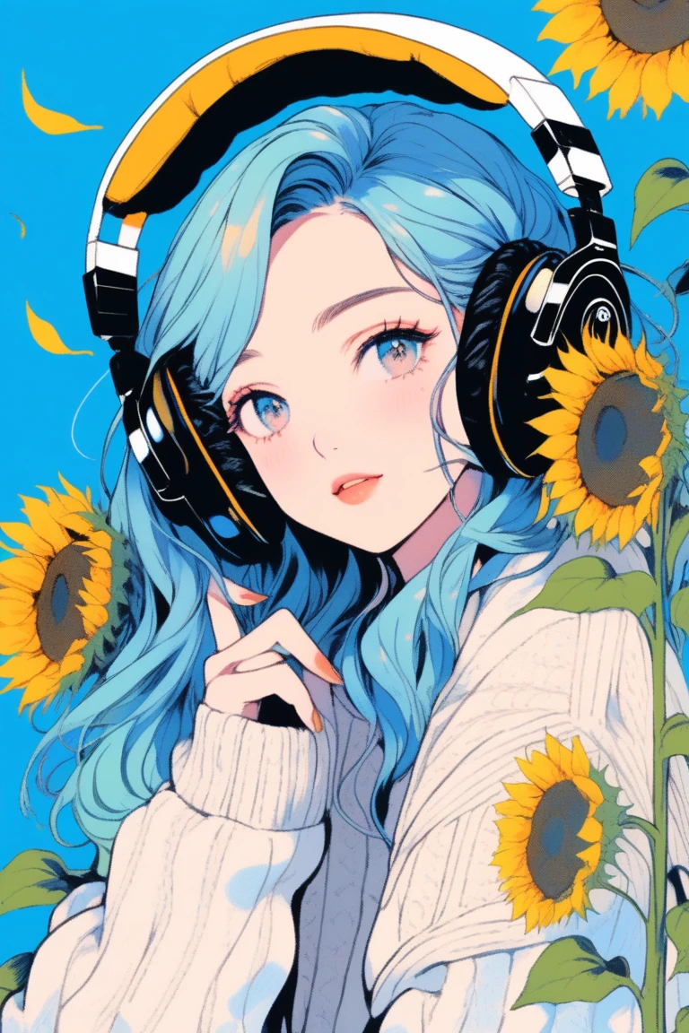 Illustrator, anime , Realistic ,sketch , One girl, ,lip, sweater,order, Blue gradient background, Neon Hair,textured crop, Canadian, (masterpiece,Highest quality),Sunflower background、Wearing headphones and listening to music