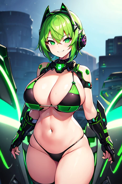 1girl, large breasts, breasts, wide hips, green hair, highleg bikini, bikini, black bikini, smirk, smile, futuristic, science-fiction, tech, neon trim, machinery, short hair, headset, helmet, head-mounted device, mind control, hypnosis, covered eyes