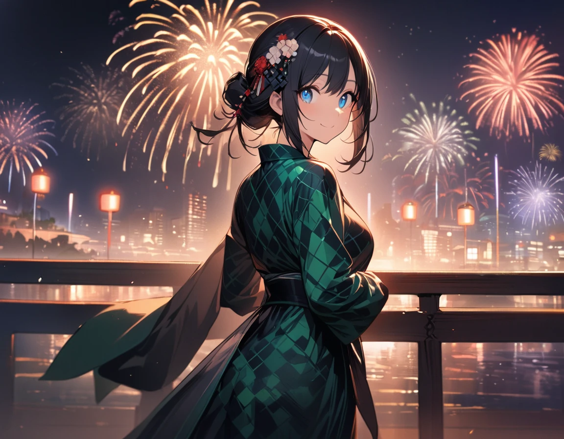 1 girl,amazing quality, aesthetic,ultra-detailed face,detailed eyes,lash extension,blue eyes,(sparkling eyes),checkered pattern green yukata decorated with race,(long sleeve, long hem),black race gloves,smile,half updo,Goldfish shaped kanzashi hairpin,cowboy shot,Looking back at the viewer,night, (fireworks:1.4) in the sky,very wide shot, masterpiece, top quality, highly detailed illustration, incredibly delicate and beautiful