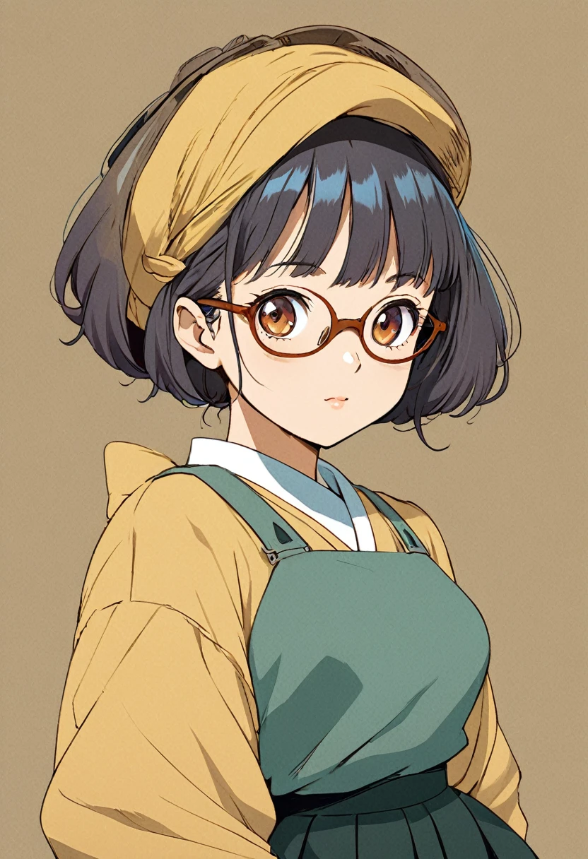 A cartoon drawing of a woman wearing glasses and a skirt, Inspired by Yukihiko Yasuda, anime style character, Inspired by Kusumi Morikage, Style in Ghibli anime style, inspired by Yumihiko Amano, in an anime style, Style in Ghibli anime, Full length portrait of a short!, as anime character, in anime style,  anime girl