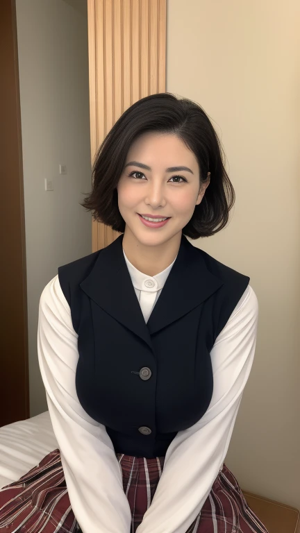 ((photograph))、((real photo)), (masterpiece, Highest quality),hot ((Mature Woman,Mature Woman)),Sitting on bed in bedroom,Wide Hips、Big Breasts,Saggy breasts, (Slicked back hair),  uniform、Pleated skirt，Sailor suit、the chest is hidden、smile, Face-to-face audience,  Cupboard, Stove, window, Japanese、((Plump 1.8))、(((plump Mature Woman1.4)))、((Big Breasts1.8))、Chubby,　Eyes half closed、　Place your hands together between your thighs、gentle smile、Black hair hairstyles、Full body image



