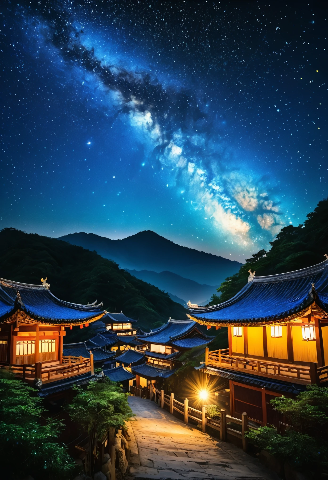 A beautiful celestial scene capturing the essence of the Tanabata festival, popularly known as the Qixi Festival in China. Portray a milky way filled with glittering stars cutting across the dark blue night sky. Below the celestial expanse is a tranquil, old-fashioned Asian village on the cusp of dusk. Show two stars, one at each end of the Milky Way, shining brighter than the rest symbolising the star-crossed lovers, the cowherd and the weaver girl.