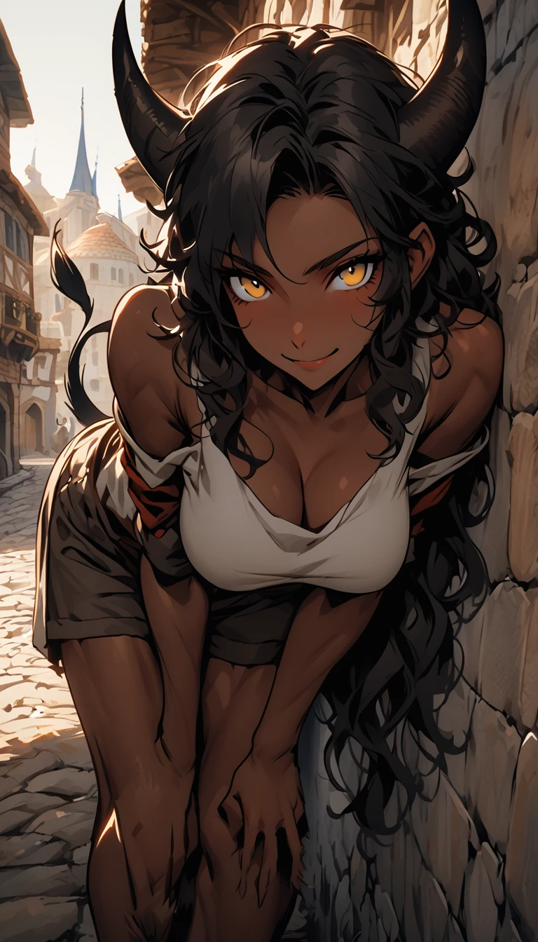 solo, female, close up, warm deep brown skin, muscular, golden eyes, wild hair, black hair, shoulder-length hair, curly hair, broad shoulders, curved black horns, very tall, large breasts, simple tight medieval clothes, shorts, medieval, town, cow tail:1.4, minotaur girl, tomboy, cocky smile, young, leaning on wall, pinup pose, greek architecture, furry shins, hooves