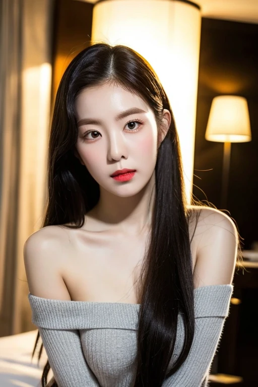 , (Mature body), Solitary,Long gray hair,black hair color, Off-shoulder, black eyes,1 Sister,A sexy pose,best quality,masterpiece,light,Extremely exquisite and beautiful,CG,Unite,8k wallpaper,Astonishing,detailed,masterpiece,Official Art,The content is very detailed Cg Unite 8k wallpaper,Extremely ridiculous,Huge file size,ultra - detailed,high resolution,The content is very detailed,Beautiful and delicate girl,Practical,full,Hotel Room,Light Contrast, Lopez, fully body photo, full, White under underwear