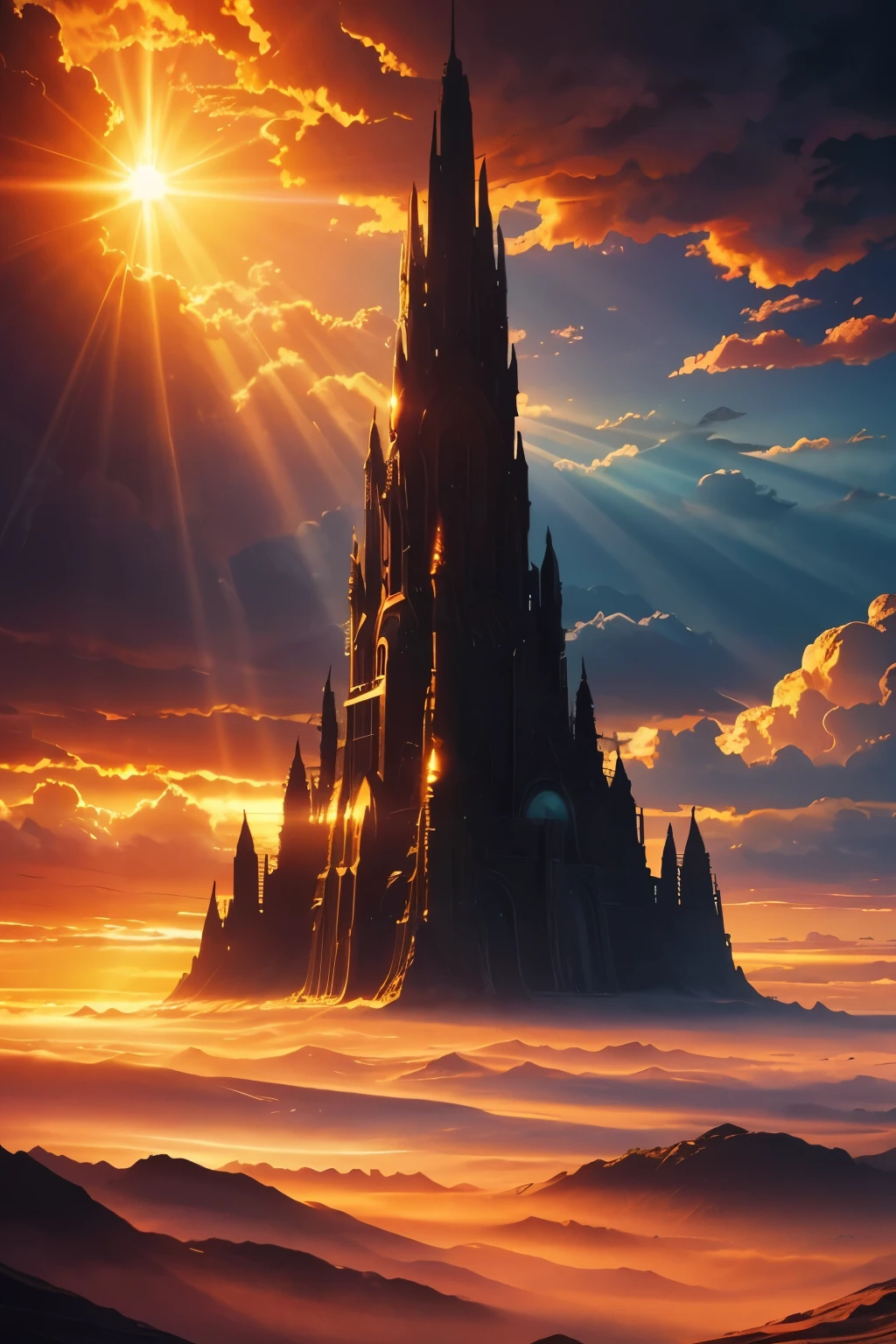 a surreal, dreamlike landscape with a giant sun, detailed sun rays, glowing clouds, mystical atmosphere, fantasy elements, warm color palette, cinematic lighting, highly detailed, photorealistic