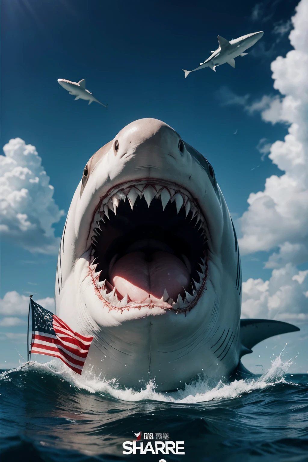 Could you design the shark movie poster but in 2d with a flag theme?