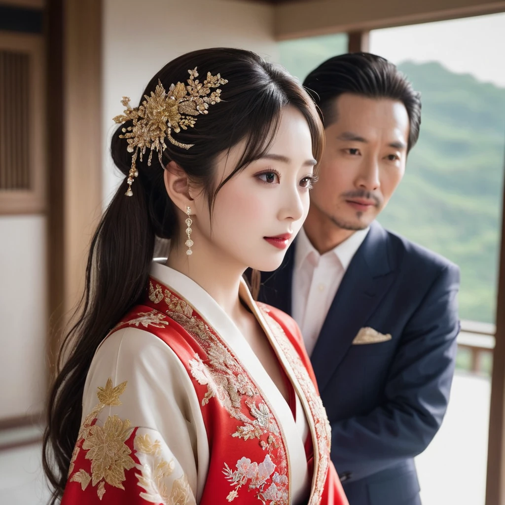((Highest quality)), ((masterpiece)), (detailed), (Perfect Face)、The woman is the beautiful Japanese woman, Satomi Ishihara, with large breasts and excellent proportions. She has her medium-long hair tied up and is wearing a gorgeous and glittering red wedding Hanfu with gold embroidery and trimmings. She is lavishly dressed and accessorized with luxurious accessories and an engagement ring.、A woman and a handsome and dignified middle-aged Chinese man are in a luxurious wedding hall in China, embracing each other, kissing each other in a vow, making love, and holding a wedding ceremony to pledge their love to each other.