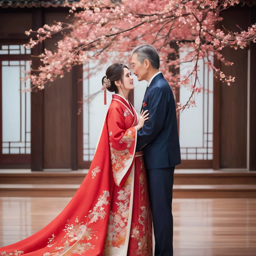 ((Highest quality)), ((masterpiece)), (detailed), (Perfect Face)、The woman is the beautiful Japanese woman, Satomi Ishihara, with large breasts and excellent proportions. She has her medium-long hair tied up and is wearing a gorgeous and glittering red wedding Hanfu with gold embroidery and trimmings. She is lavishly dressed and accessorized with luxurious accessories and an engagement ring.、A woman and a handsome and dignified middle-aged Chinese man are in a luxurious wedding hall in China, embracing each other, kissing each other in a vow, making love, and holding a wedding ceremony to pledge their love to each other.