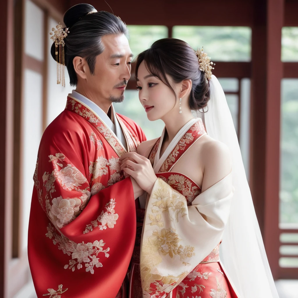 ((Highest quality)), ((masterpiece)), (detailed), （Perfect Face）、The woman is the beautiful Japanese woman, Satomi Ishihara, with  and excellent proportions. She has her medium-long hair tied up and is wearing a gorgeous and glittering red wedding Hanfu with gold embroidery and trimmings. She is lavishly dressed and accessorized with luxurious accessories and an engagement ring.、A woman and a handsome and dignified middle-aged Chinese man are in a luxurious wedding hall in China, embracing each other, kissing each other in a vow, making love, and holding a wedding ceremony to pledge their love to each other.