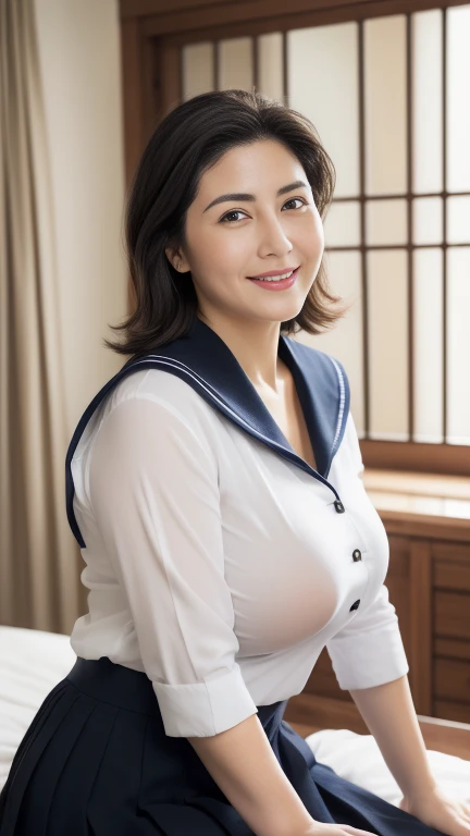 ((photograph))、((real photo)), (masterpiece, Highest quality),hot ((Mature Woman,Mature Woman)),Sitting on bed in bedroom,Wide Hips、Big Breasts,Saggy breasts, (Slicked back hair),  uniform、Pleated skirt，Sailor suit、the chest is hidden、smile, Face-to-face audience,  Cupboard, Stove, window, Japanese、((Plump 1.8))、(((plump Mature Woman1.4)))、((Big Breasts1.8))、Chubby,　Eyes half closed、　Place your hands together between your thighs、gentle smile、Black hair hairstyles、Full body image



