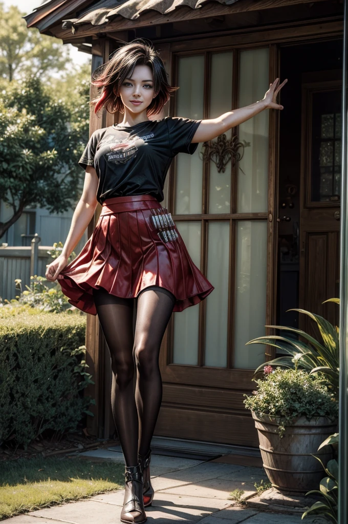 (masterpiece, best quality:1.2), cowboy shot, solo, dynamic pose, 1girl, ruby rose, looking at viewer, t-shirt, red skirt, pantyhose, outside, futuristic house, garden, smile