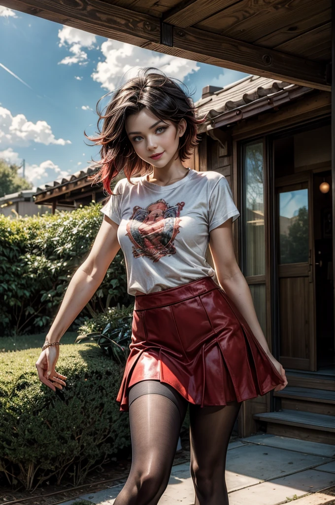 (masterpiece, best quality:1.2), cowboy shot, solo, dynamic pose, 1girl, ruby rose, looking at viewer,  t-shirt, red skirt, pantyhose, outside, futuristic house, garden, smile