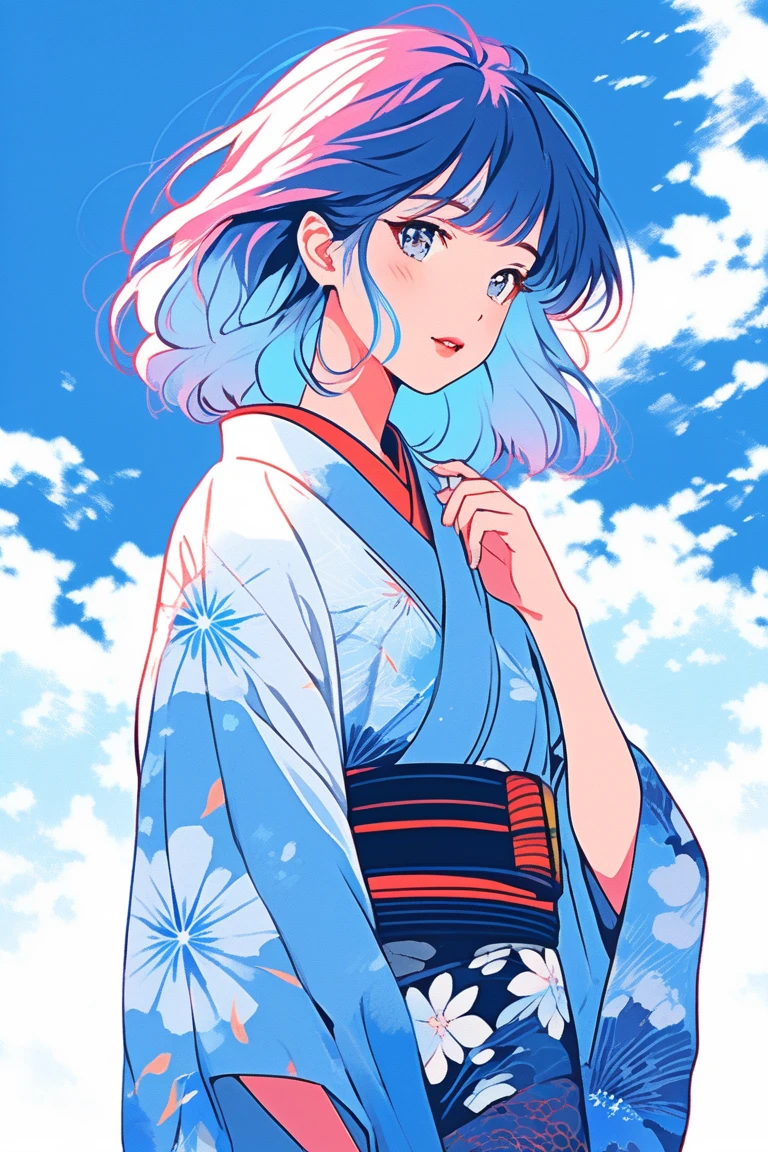 ((masterpiece,Highest quality)),One girl,Beautiful attention to detail, Detailed face, High resolution illustrations, Red eyes, feminine, Blue Hair, short hair, Japanese , loafers, Spank, Synthwave, Illustration with shading, Digital Art, Very detailed, The finer details, Complex, Neon color