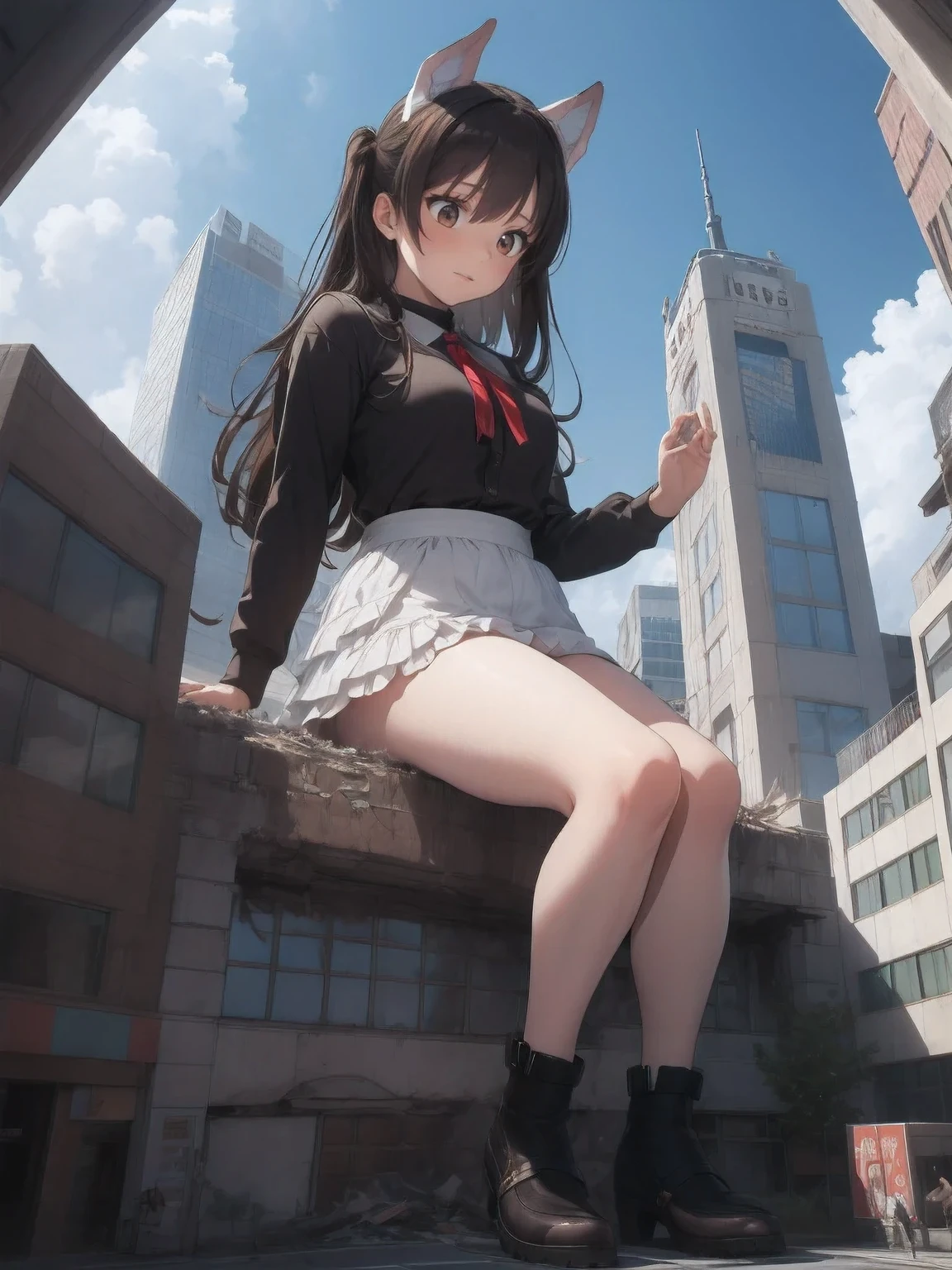 Whole body Description、((((Fisheye Lens))))、((((looking at the camera))))、Embarrassed、Building fire、City boulevard、Traffic jam、Lots of cars and buses、street tree、Pedestrian bridge、City of Rubble、Ruins of rubble、Knee-high socks、((((Frilled maid outfit)))),Giant Girl 50,000 feet high,Weight: 1000kg,,Elf with pink earrings,She has long hair that reaches down to her feet,Hair loss,Wavy long curly hair,Wearing boots,Lace gloves,Pink lace whole body,Standing tall in a small town,Beautiful appearance,Exquisite makeup,quality,8k,High quality,Perfect Proportions, Cinema Lighting,Film Grain,The Colors of Fuji,8k,Textured skin,Super Details,Attention to detail,High resolution,False Smile,Bloodstain,Bloodstain on the soles of feet,whole body,obesity,Elf Princess,((((Giant girl gracefully sits on top of a broken skyscraper in the city、))))、(((Super huge breasts)))、((Plump thighs))、Chest、Sweat makes clothes transparent