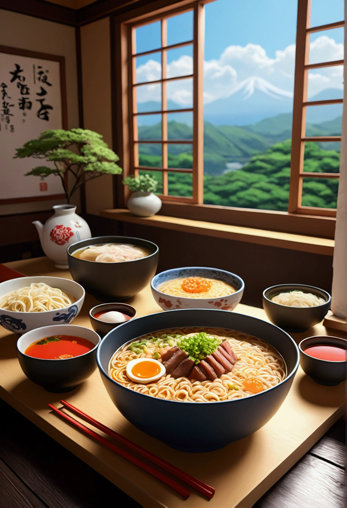 high resolution、Japanese anime style、Ghibli style、Japan cartoon style、table、ramen、pot